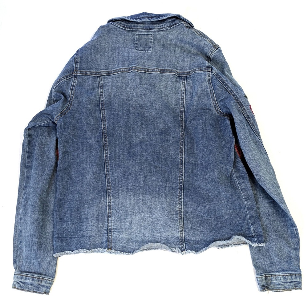 Ruff Hewn Floral Embroidered Denim Jacket Medium Wash Raw Hem Womens Size M - Picture 2 of 7